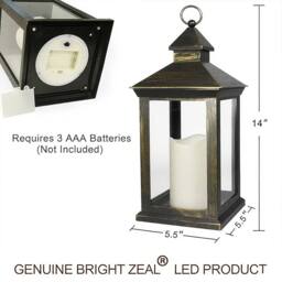 Bright Zeal 2*Distressed Gold Vintage 36cm Lanterns-LED Flicker Candles & Timer in Black - thumbnail 6