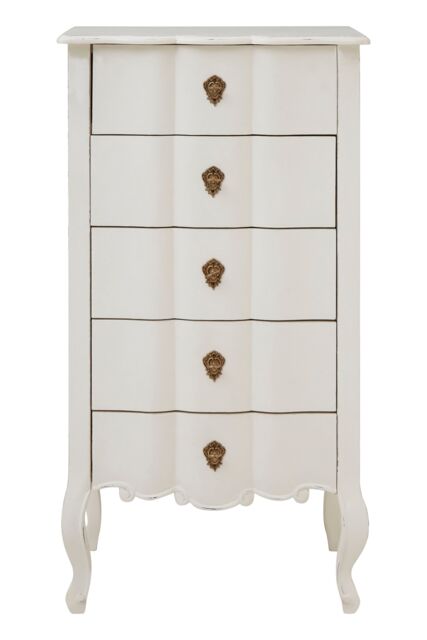 Orsina Antique Style 5 Drawer White Chest, Weathered White Bedroom Storage Cabinet, Carved Bayur Wood Chest - image 1