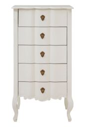 Orsina Antique Style 5 Drawer White Chest, Weathered White Bedroom Storage Cabinet, Carved Bayur Wood Chest - thumbnail 1