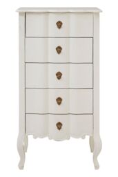 Orsina Antique Style 5 Drawer White Chest, Weathered White Bedroom Storage Cabinet, Carved Bayur Wood Chest - thumbnail 6