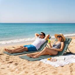 OUTSUNNY 2 Pcs Foldable Sun Loungers, Beach Lounger with Adjustable Back in Grey - thumbnail 1