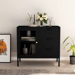 Berkfield Home Sideboard Black 75x35x70 cm Steel & Tempered Glass - Size: 75 x 35 x 70 cm - thumbnail 2