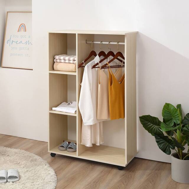 HOMCOM Rolling Open Wardrobe Hanging Rail Storage Shelves for Clothes in Natural - image 1