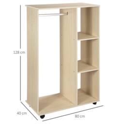 HOMCOM Rolling Open Wardrobe Hanging Rail Storage Shelves for Clothes in Natural - thumbnail 3