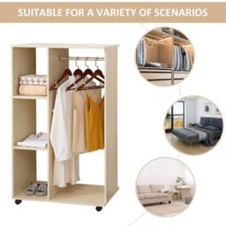 HOMCOM Rolling Open Wardrobe Hanging Rail Storage Shelves for Clothes in Natural - thumbnail 4