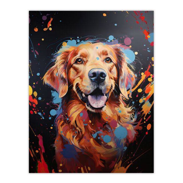 "Artery8 Wall Art Print Red Golden Retriever Dog Lover Gift Pet Portrait Orange Blue on Black Artwork Painting Poster - Size: W18"" x H24""" - image 1
