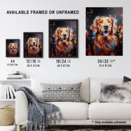 "Artery8 Wall Art Print Red Golden Retriever Dog Lover Gift Pet Portrait Orange Blue on Black Artwork Painting Poster - Size: W18"" x H24""" - thumbnail 3