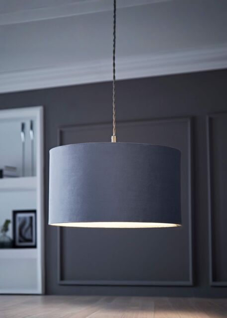 ValueLights Reni Pale Grey Velvet Easy Fit Drum Ceiling Lamp Shade - Size: Large - image 1