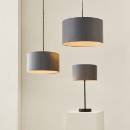 ValueLights Reni Pale Grey Velvet Easy Fit Drum Ceiling Lamp Shade - Size: Large - thumbnail 6