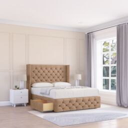 "Sloomy Luthor Naples Wingback Bed Set, No Drawers & 54"" Floor Standing Headboard in Light Sand - Size: Double" - thumbnail 1