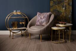 Orsina Muted Brown Faux Leather Armchair, Sturdy Curved Silhouette Ocassional Chair, Gold Finished Lounge Chair - thumbnail 3