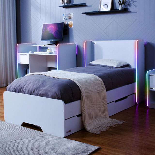 X Rocker Electra Single Bed with Trundle Drawers, Storage & LED Lights in White - image 1