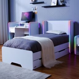X Rocker Electra Single Bed with Trundle Drawers, Storage & LED Lights in White - thumbnail 1