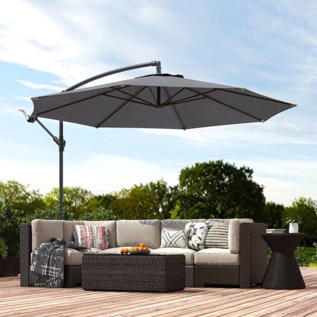 OUTSUNNY 3(m) Garden Banana Parasol Cantilever Umbrella w/ Base, Grey - Size: 3m x 3m