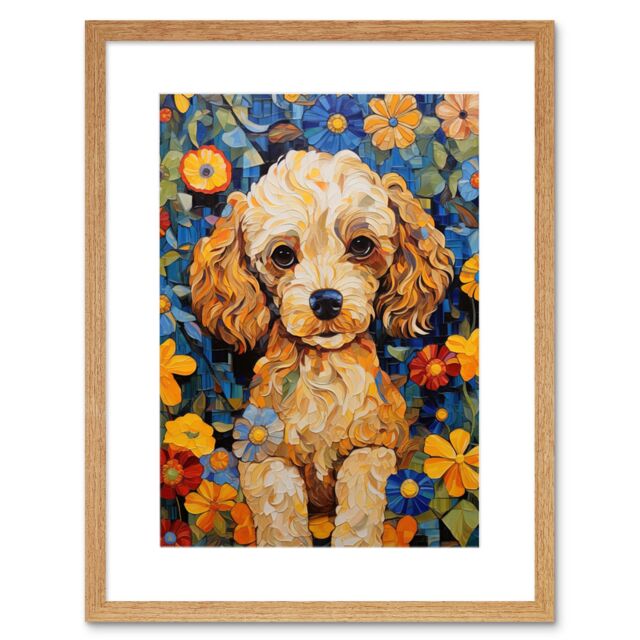 "Artery8 Wall Art Print Cockapoo Puppy Oil Painting Colourful Bright Bold Floral Fun Artwork Framed 9X7 Inch in Beige - Size: W7"" x H9""" - image 1