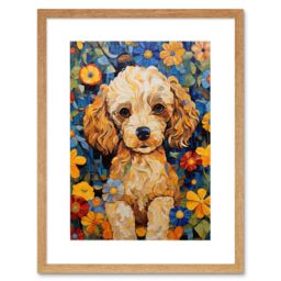 "Artery8 Wall Art Print Cockapoo Puppy Oil Painting Colourful Bright Bold Floral Fun Artwork Framed 9X7 Inch in Beige - Size: W7"" x H9""" - thumbnail 1