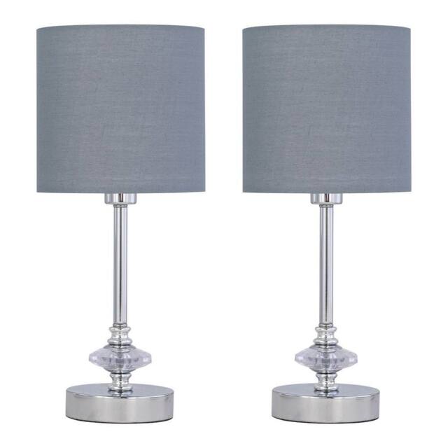 First Choice Lighting Set of 2 Chrome Jewelled Table Lamp with Grey Cotton Shades in Silver - image 1