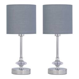 First Choice Lighting Set of 2 Chrome Jewelled Table Lamp with Grey Cotton Shades in Silver - thumbnail 1