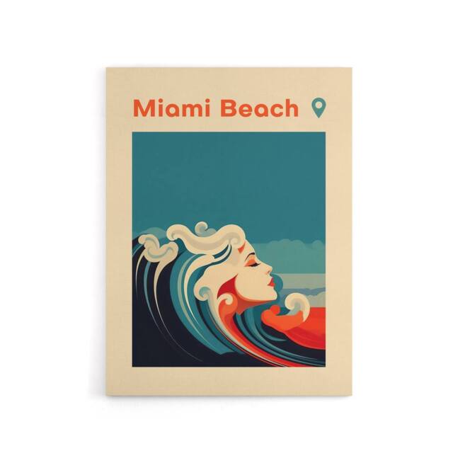 "Artery8 Miami Beach Sea Wave Siren Travel Advert Canvas Wall Art Print in Blue - Size: W18"" x H24""" - image 1