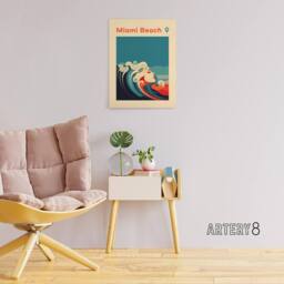 "Artery8 Miami Beach Sea Wave Siren Travel Advert Canvas Wall Art Print in Blue - Size: W18"" x H24""" - thumbnail 3