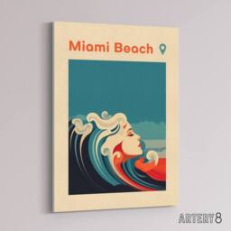 "Artery8 Miami Beach Sea Wave Siren Travel Advert Canvas Wall Art Print in Blue - Size: W18"" x H24""" - thumbnail 2