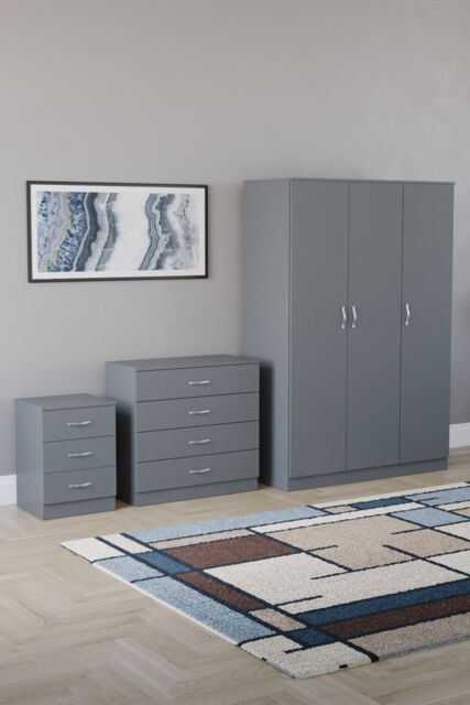 Home Discount Riano 3Pc Bedroom Set - 3 Drawer Bedside, 4 Drawer Chest & Wardrobe in Grey - image 1