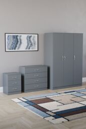 Home Discount Riano 3Pc Bedroom Set - 3 Drawer Bedside, 4 Drawer Chest & Wardrobe in Grey - thumbnail 1