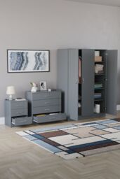 Home Discount Riano 3Pc Bedroom Set - 3 Drawer Bedside, 4 Drawer Chest & Wardrobe in Grey - thumbnail 2