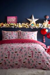 Fusion 'Festive Fancy ' Festive Print Duvet Cover Set in Pink - Size: Double - thumbnail 1
