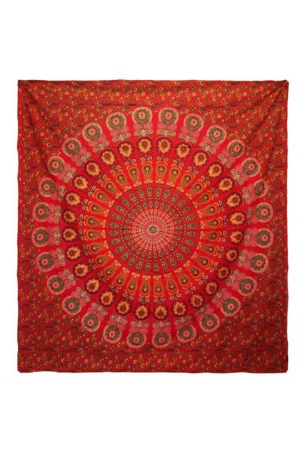 KDMD Double Cotton Bedspread & Wall Hanging - Peacock Mandala in Red - image 1