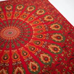KDMD Double Cotton Bedspread & Wall Hanging - Peacock Mandala in Red - thumbnail 2