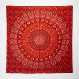 KDMD Double Cotton Bedspread & Wall Hanging - Peacock Mandala in Red - thumbnail 4