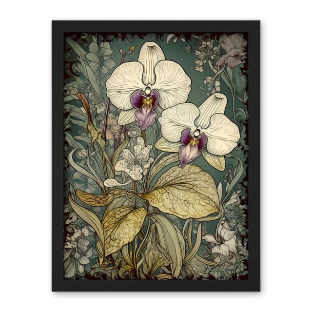 "Artery8 Wall Art Print William Morris Style White & Purple Orchid Large Framed Wall Décor Art - Size: W18"" x H24""" - image 1