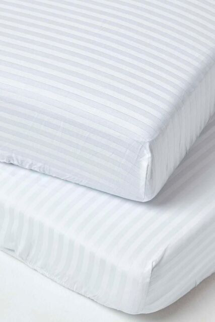 Homescapes Cotton Stripe Fitted Cot Sheets 330 Thread Count, 2 Pack in White - Size: Cot Bed - image 1