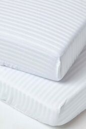 Homescapes Cotton Stripe Fitted Cot Sheets 330 Thread Count, 2 Pack in White - Size: Cot Bed - thumbnail 1