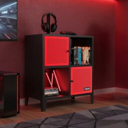 X Rocker Mesh-Tek Metal Sideboard Display Cabinet, Square 4 Cube Storage in Red