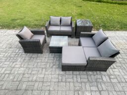 Fimous Outdoor Rattan Garden Furniture Set Conservatory Patio Sofa Coffee Table Set with Chair Big Footstool Side Table Dark Grey Mixed - thumbnail 1