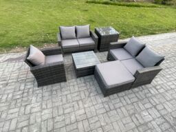 Fimous Outdoor Rattan Garden Furniture Set Conservatory Patio Sofa Coffee Table Set with Chair Big Footstool Side Table Dark Grey Mixed - thumbnail 2