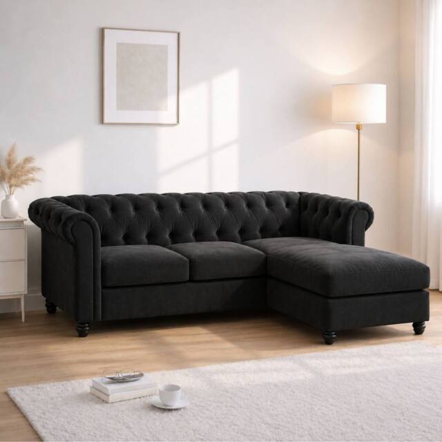 Sofaya Hampton 3 Seater L Shape Chesterfield Sofa Velvet Right Hand Chaise in Black - image 1