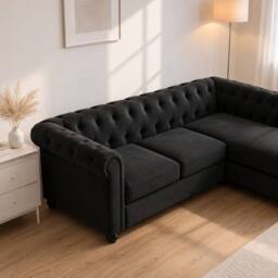 Sofaya Hampton 3 Seater L Shape Chesterfield Sofa Velvet Right Hand Chaise in Black - thumbnail 3
