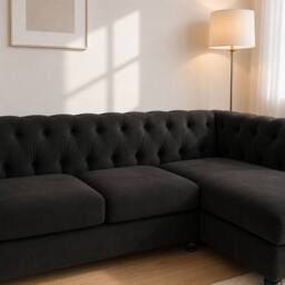 Sofaya Hampton 3 Seater L Shape Chesterfield Sofa Velvet Right Hand Chaise in Black - thumbnail 5