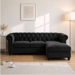 Sofaya Hampton 3 Seater L Shape Chesterfield Sofa Velvet Right Hand Chaise in Black - thumbnail 2