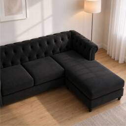 Sofaya Hampton 3 Seater L Shape Chesterfield Sofa Velvet Right Hand Chaise in Black - thumbnail 4