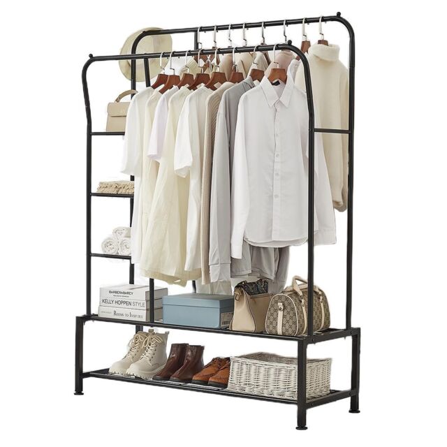 House of Home Black Metal Clothes Rail Double Hanging Storage With Shelves - image 1