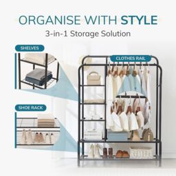 House of Home Black Metal Clothes Rail Double Hanging Storage With Shelves - thumbnail 5