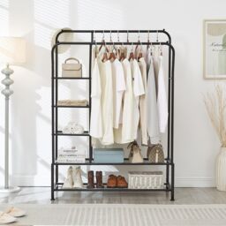 House of Home Black Metal Clothes Rail Double Hanging Storage With Shelves - thumbnail 6