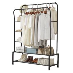 House of Home Black Metal Clothes Rail Double Hanging Storage With Shelves - thumbnail 1