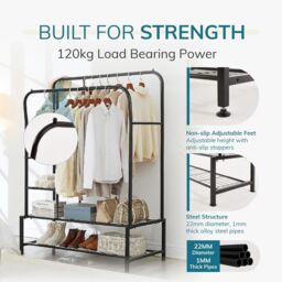House of Home Black Metal Clothes Rail Double Hanging Storage With Shelves - thumbnail 4