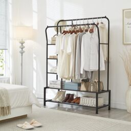 House of Home Black Metal Clothes Rail Double Hanging Storage With Shelves - thumbnail 3
