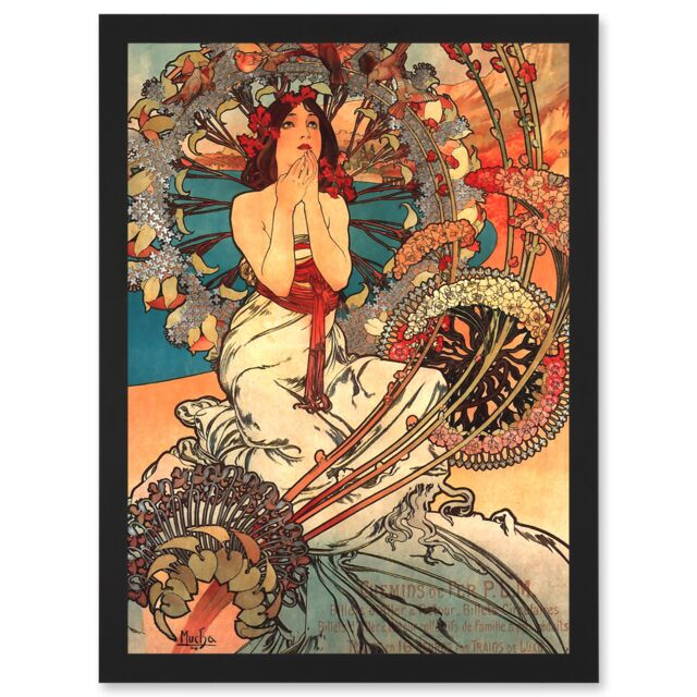 Artery8 Painting Mucha Nouveau Woman Spring Floral A4 Artwork Framed Wall Art Print in Black - image 1